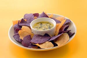 Appetizer Spinach Artichoke crackers with Dip served in a dish isolated on yellow background side view of fastfood photo