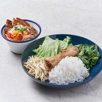 Pork Bun Cha with noodle, roll and salad served in a dish isolated on grey background side view of vietnam food photo