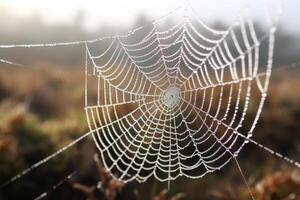 AI generated A close up of a spiderweb glistening with morning dew, showcasing intricate survival skills. Generative AI photo