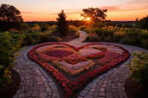 AI generated Sunset over a serene, heart-shaped garden. Generative AI photo