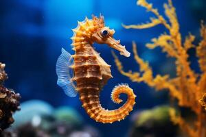 AI generated A close-up of a graceful seahorse in an aquarium. Generative AI photo