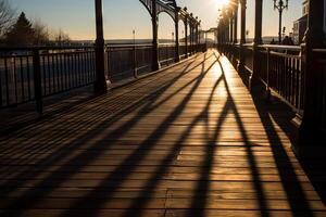 ai generado luz de sol fundición largo oscuridad en un paseo marítimo. generativo ai foto