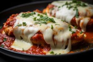 AI generated Close ups of bubbling cheese and marinara sauce on chicken parmigiana. Generative AI photo