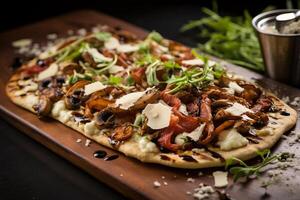 AI generated Gourmet bacon and mushroom flatbread with a drizzle of truffle oil. Generative AI photo