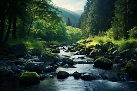 ai generado un tranquilo montaña corriente fluido mediante un bosque. generativo ai foto