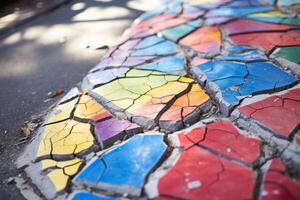 AI generated A close-up of a cracked sidewalk with colorful chalk drawings. Generative AI photo