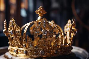 AI generated A close-up of a golden crown with intricate details. Generative AI photo