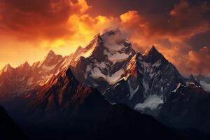 AI generated A dramatic mountain range at sunset. Generative AI photo