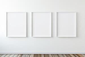 AI generated Empty frames on white walls in a mock up gallery. Generative AI photo