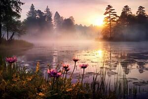 AI generated Misty morning over a tranquil lake, creating an enchanting natural scene. Generative AI photo