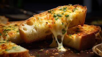 AI generated Close-up of a greasy and cheesy slice of garlic bread. Generative AI photo