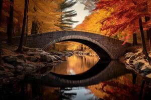 AI generated Bridge over a river surrounded by fall foliage. Generative AI photo