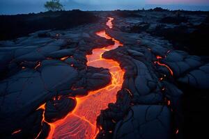 ai generado lava fluye tallado nuevo rutas mediante el tierra. generativo ai foto