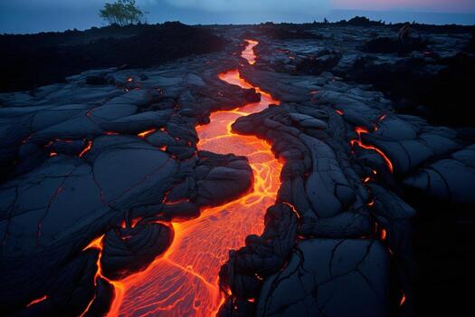 AI generated Lava flows carving new paths through the land. Generative AI photo