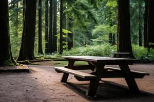 AI generated A wooden picnic table in a forest clearing. Generative AI photo