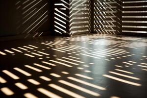 AI generated A close up of sunlight streaming through blinds, casting geometric patterns on the floor. Generative AI photo