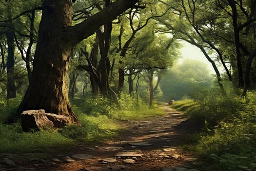 AI generated Tranquil forest path leading through a serene natural environment. Generative AI photo