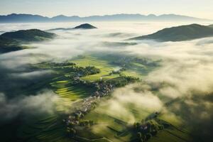 AI generated Aerial perspective of a peaceful countryside covered in a blanket of mist. Generative AI photo