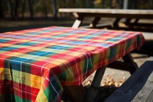 AI generated A picnic table covered with a colorful checkered cloth. Generative AI photo