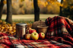 AI generated Autumn picnic mockup with a plaid blanket, apples, and a thermos of soup. Generative AI photo