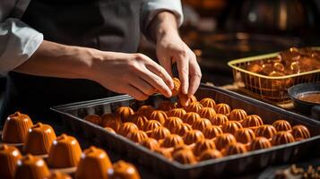 AI generated Close-up of a person's hands making pumpkin-shaped chocolates. Generative AI photo