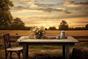 AI generated A rustic farm table in a countryside setting. Generative AI photo