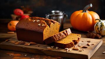 AI generated Pumpkin bread freshly baked and sliced. Generative AI photo