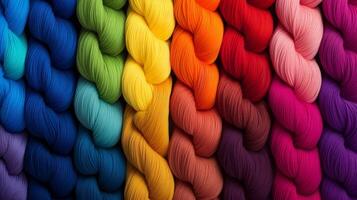 AI generated Yarn skeins arranged in a rainbow gradient. Generative AI photo