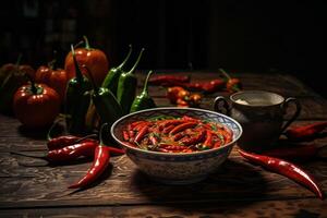 ai generado un mesa con un cuenco de caliente chile. generativo ai foto