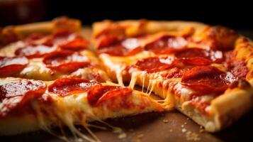 AI generated Close-up of a greasy and cheesy slice of pepperoni pizza. Generative AI photo