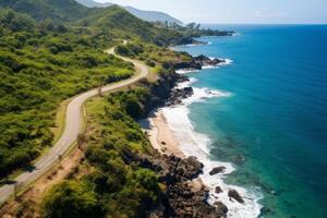 ai generado un la carretera líder a un aislado playa paraíso, inspirador pasión de viajar. generativo ai foto