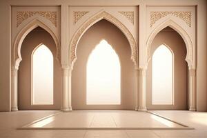 AI generated Empty room with arches and windows. Elegant mosque background. Generative AI photo