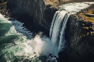 ai generado aéreo ver de un dramático cascada cascada abajo rocoso acantilados generativo ai foto