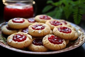 AI generated A plate of almond and raspberry thumbprint cookies. Generative AI photo