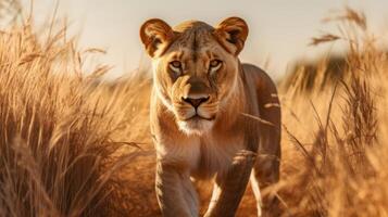 AI generated A young lion walking through a dry grass field. Generative AI photo