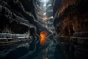 AI generated A dramatic reflection of a waterfall cascading into a deep pool. Generative AI photo