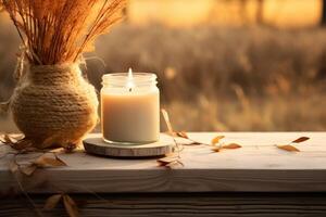 AI generated Relaxing autumn scene with a candle, a book, and natural elements for a mockup. Generative AI photo