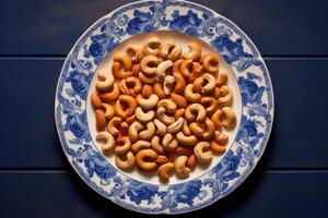 AI generated Cashew nuts arranged in an artistic pattern on a platter. Generative AI photo