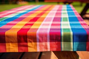 AI generated A picnic table covered with a colorful checkered cloth. Generative AI photo