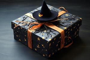 AI generated A gift box with a witch's hat and broomstick motif. Generative AI photo