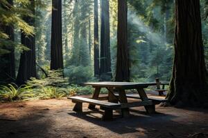 AI generated A wooden picnic table in a redwood forest. Generative AI photo