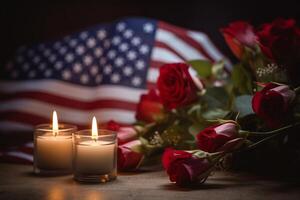 ai generado un americano bandera desplegado siguiente a un fila de flores y velas en un sereno patriota día escena. generativo ai foto