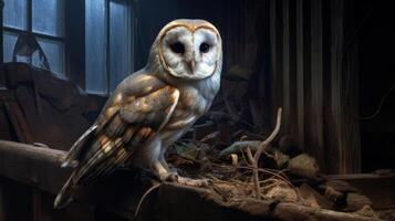 AI generated An owl sitting on a branch in a dark room. Generative AI photo