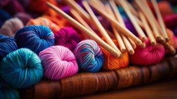 AI generated Knitting needles and colorful yarn. Generative AI photo