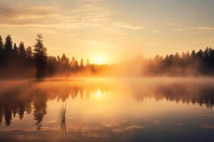 AI generated Sunrise sky background over a calm lake with mist rising. Generative AI photo