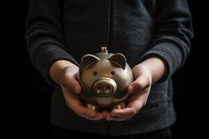 AI generated A child's hand holding a piggy bank. Generative AI photo