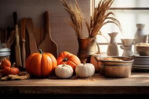 AI generated Rustic kitchen mockup with pumpkins, spices, and baking utensils. Generative AI photo