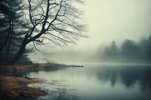 ai generado el sereno quietud de un brumoso lago. generativo ai foto