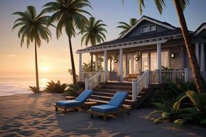 AI generated Coastal retreat captured in a scene with a cozy beach house and palm trees. Generative AI photo