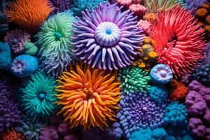 AI generated Colorful coral polyps in a thriving reef ecosystem. Generative AI photo